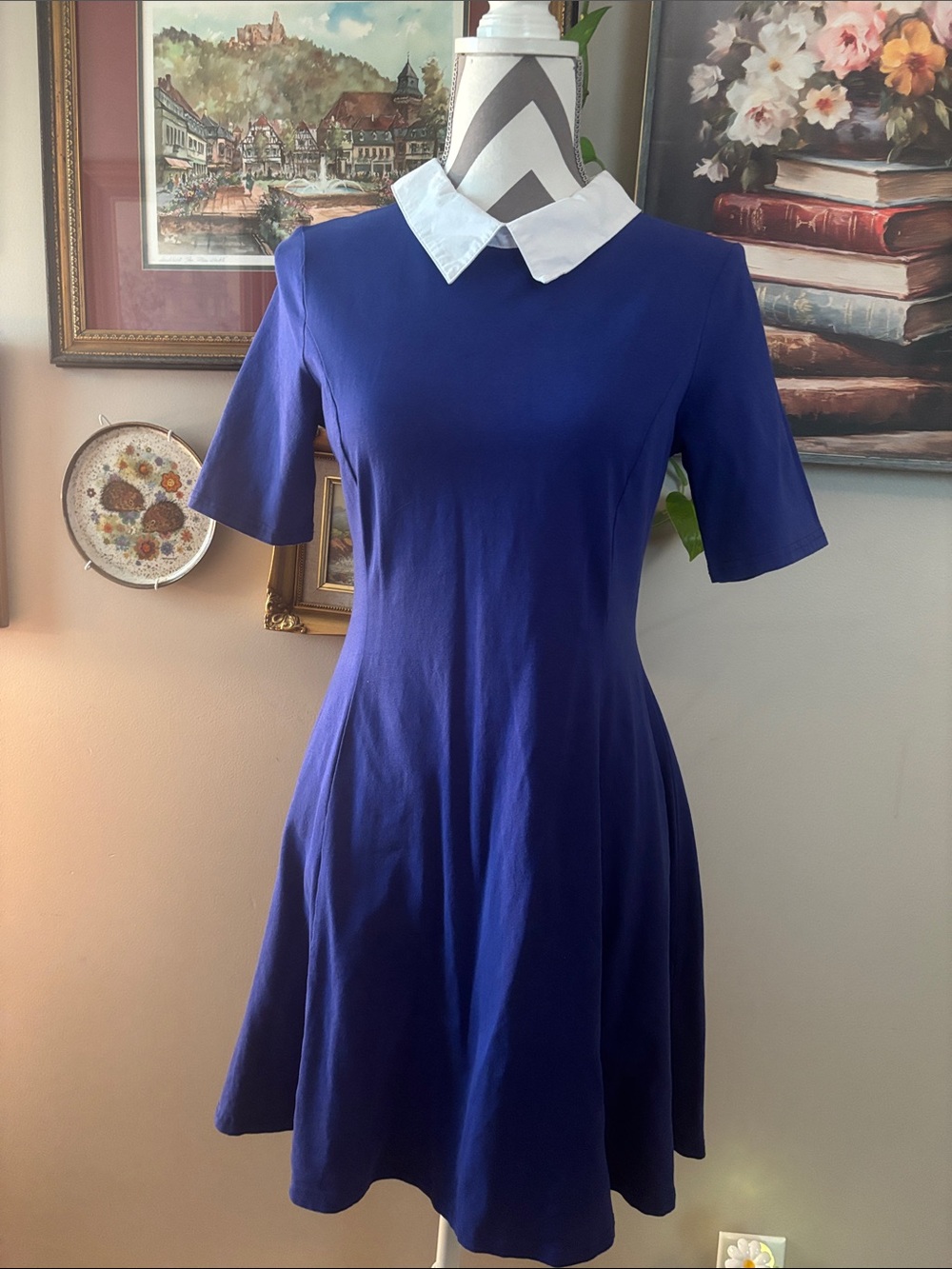 Aphrodite Royal Blue Fit-and-Flare Dress with White Collar